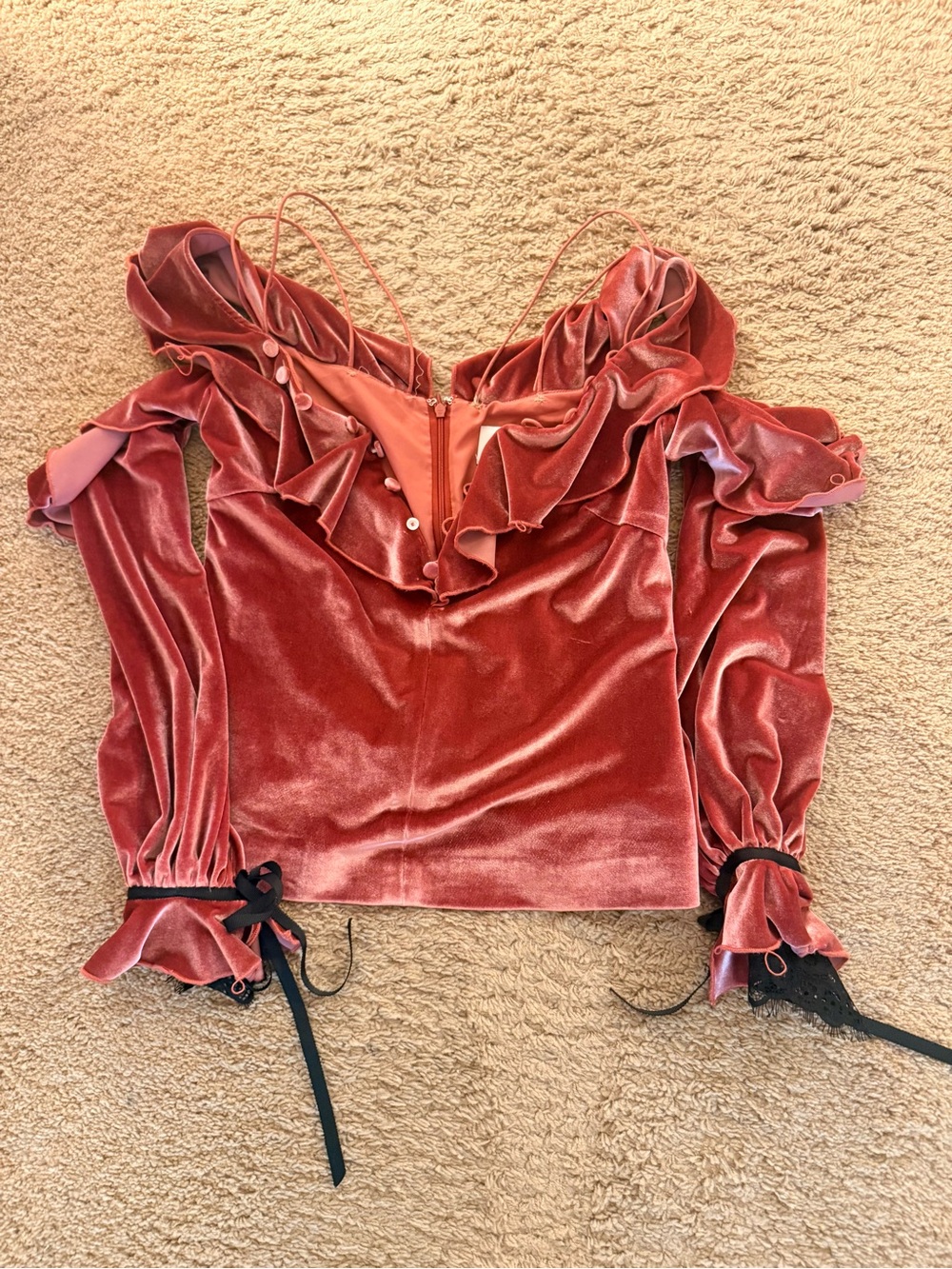 Self Portrait Velvet Ruffle Off-Shoulder Top in Dusty Rose